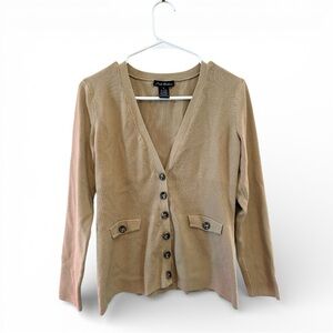 Vintage Y2K Era Linda Matthew’s Tan Women's Button Up Cardigan Size Medium